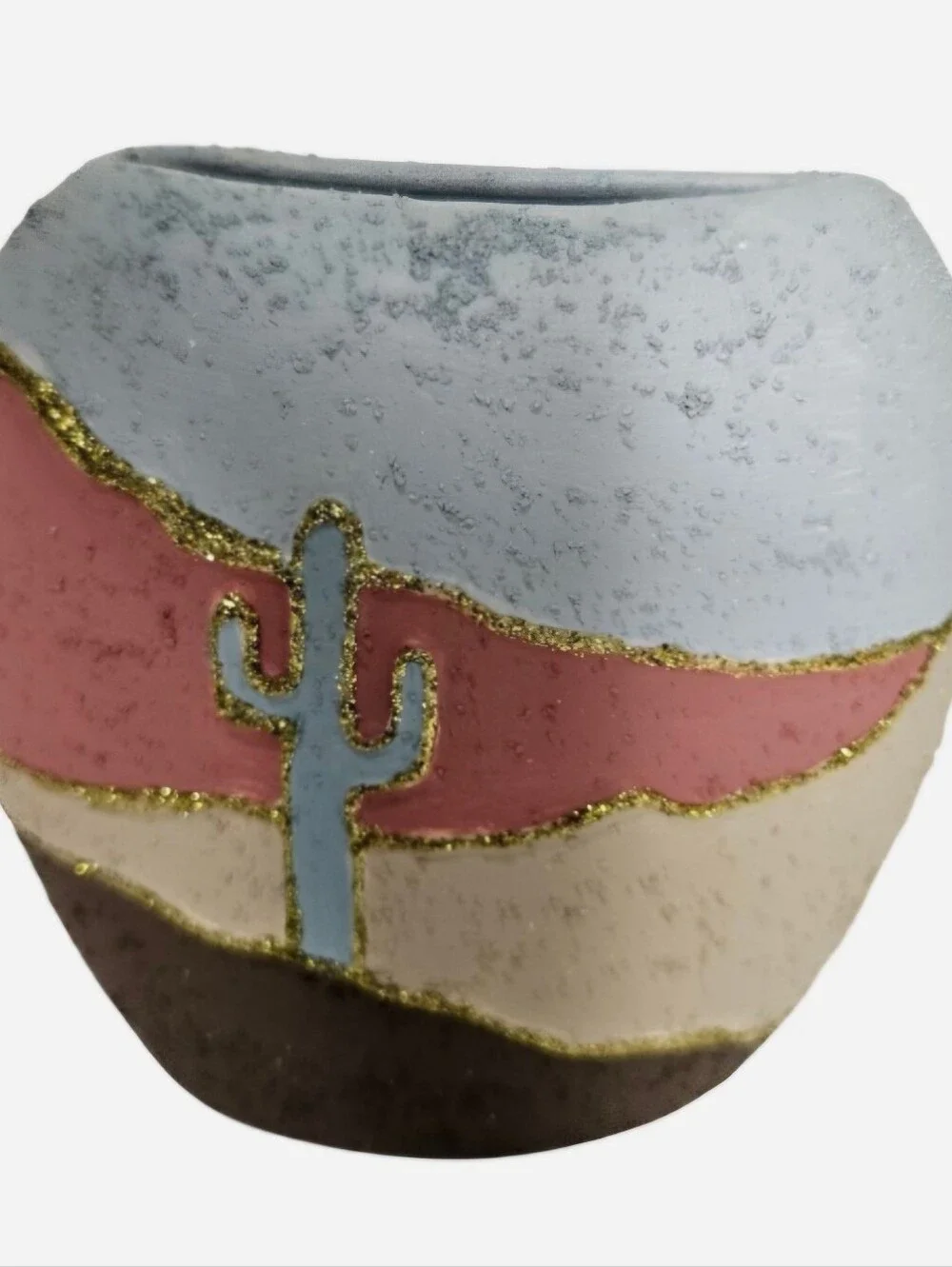 Handmade ceramic vase set with desert scene featuring cactus and sand dunes